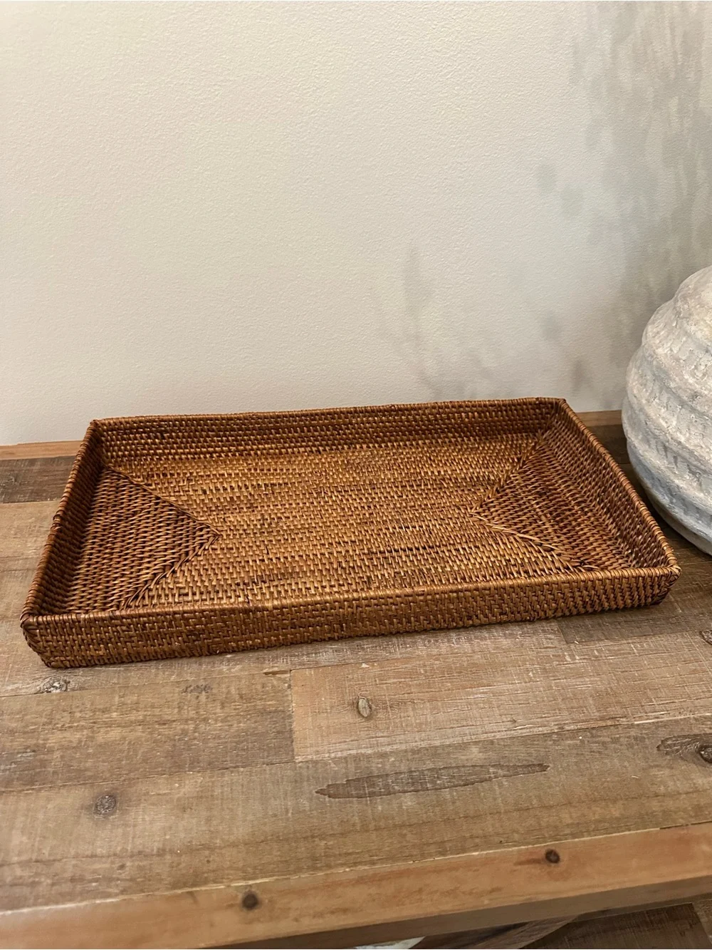 Woven Rattan Tissue Box Holder Cover & Tray Set - Natural Earthy Brown Classy
